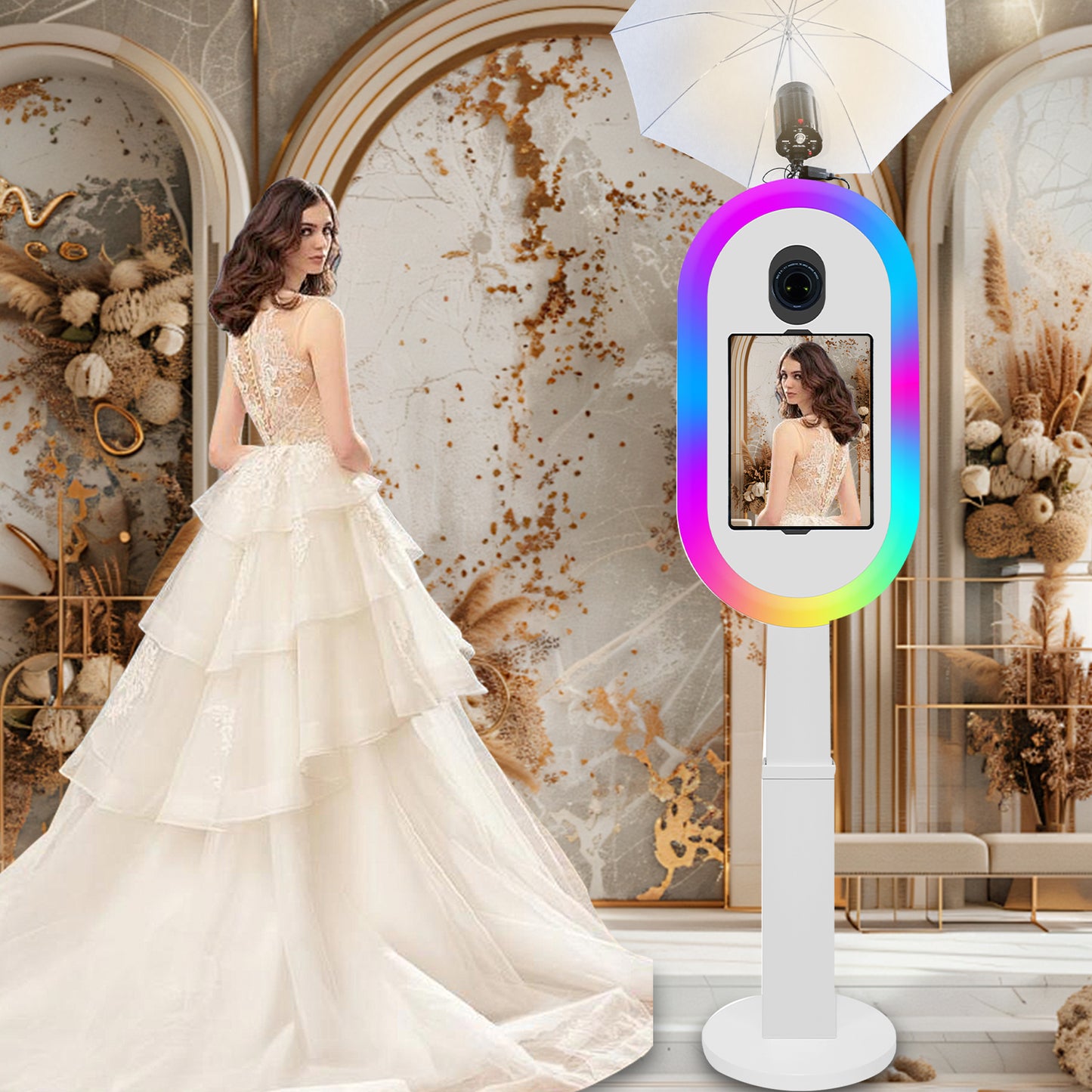 Portable Photo Booth for iPad 10.2in 10.9in 11in 12.9in Selfie Photobooth Stand Shell Machine with Light Ring Software Remote Control Music Sync for Parties Christmas