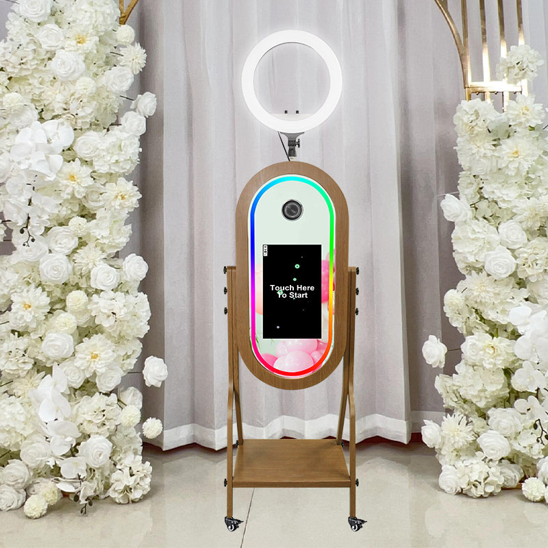 Imitation Wood Grain Magic Mirror Photo Booth with 21.5 Touch Screen Camera Printer Digital Oval Vintage Selfie Wooden Mirror Photo Booth