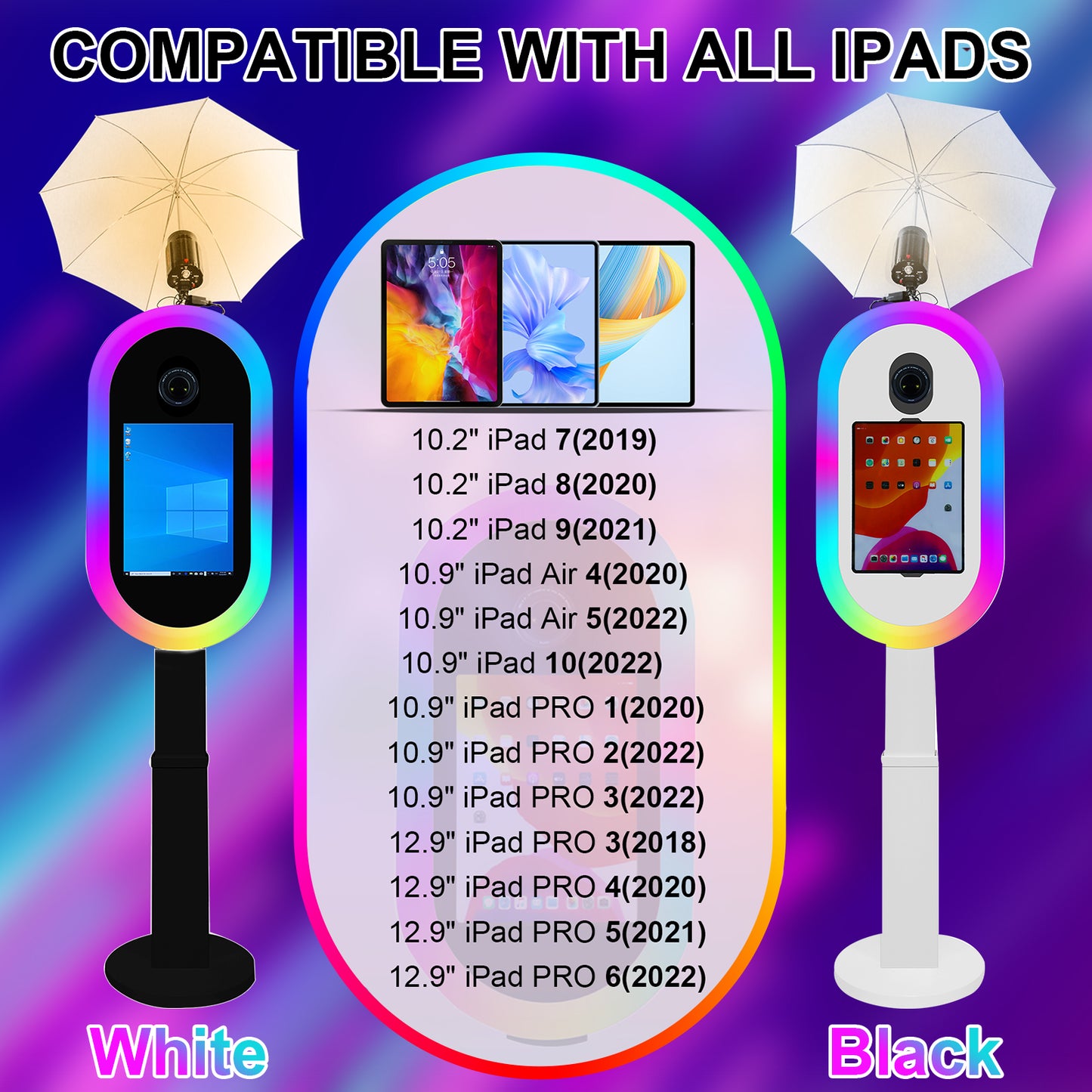 Portable Photo Booth for iPad 10.2in 10.9in 11in 12.9in Selfie Photobooth Stand Shell Machine with Light Ring Software Remote Control Music Sync for Parties Christmas