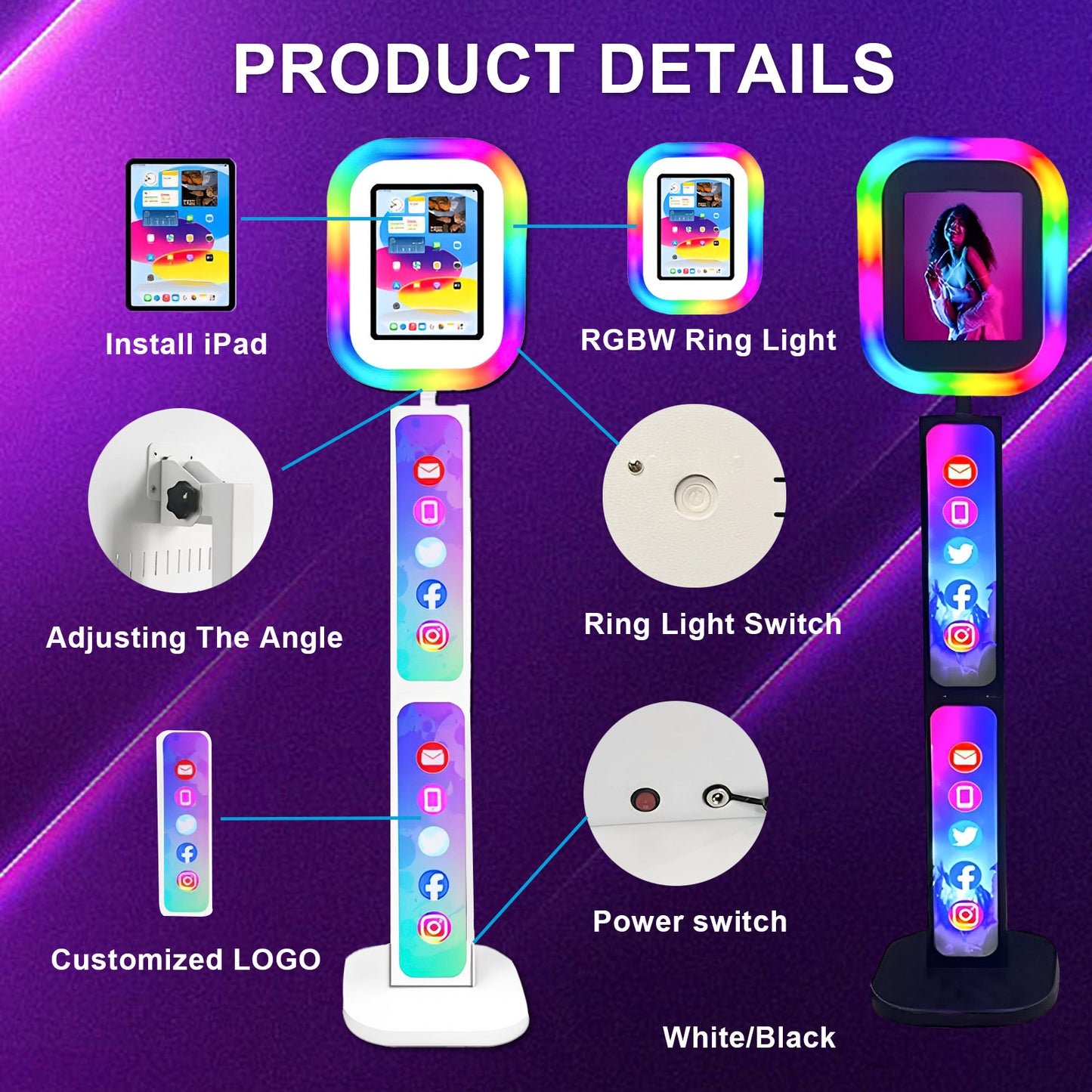 iPad Photo Booth Stand with Light Ring Portable iPad Photobooth Shell Selfie Machine for iPad 10.2/10.9/12.9in with Flight Case