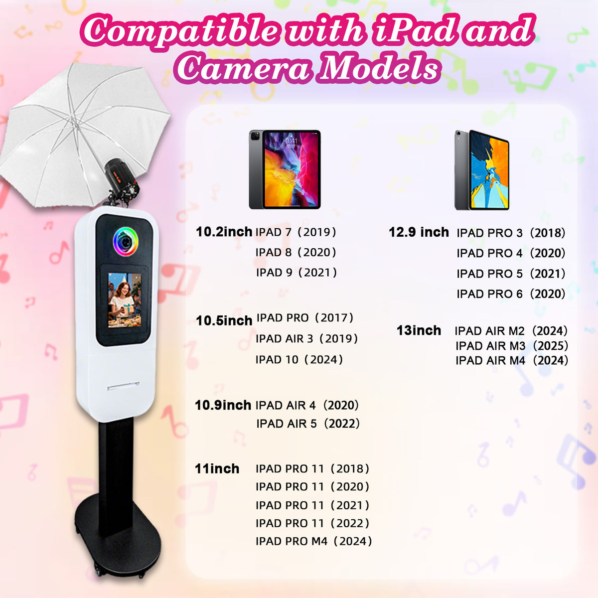 Portable Photo Booth Built-in printer stand Compatible with iPad 10.2" 10.5" 10.9" 11" 12.9" 13", Metal Shell Selfie Station photobooth Machine,RGB Ring Light,for Parties Wedding Rental