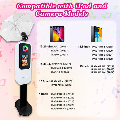 Portable Photo Booth Built-in printer stand Compatible with iPad 10.2" 10.5" 10.9" 11" 12.9" 13", Metal Shell Selfie Station photobooth Machine,RGB Ring Light,for Parties Wedding Rental