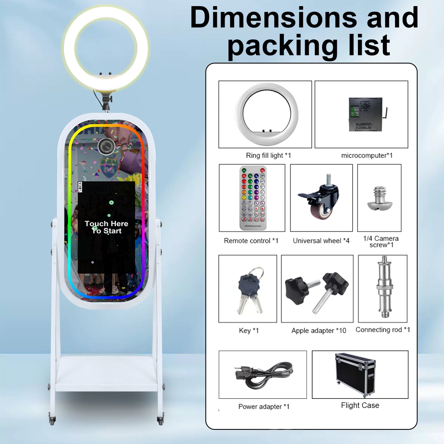 Magic Mirror Photo Booth with 21.5" Touch Screen, Photobooth Machine Selfie Shell Stand with LED RGB Fill Light & Flight Case for Wedding Parties Events Rental