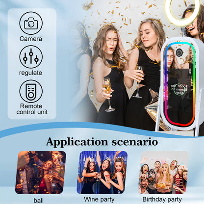 Magic Mirror Photo Booth with 21.5" Touch Screen, Photobooth Machine Selfie Shell Stand with LED RGB Fill Light & Flight Case for Wedding Parties Events Rental