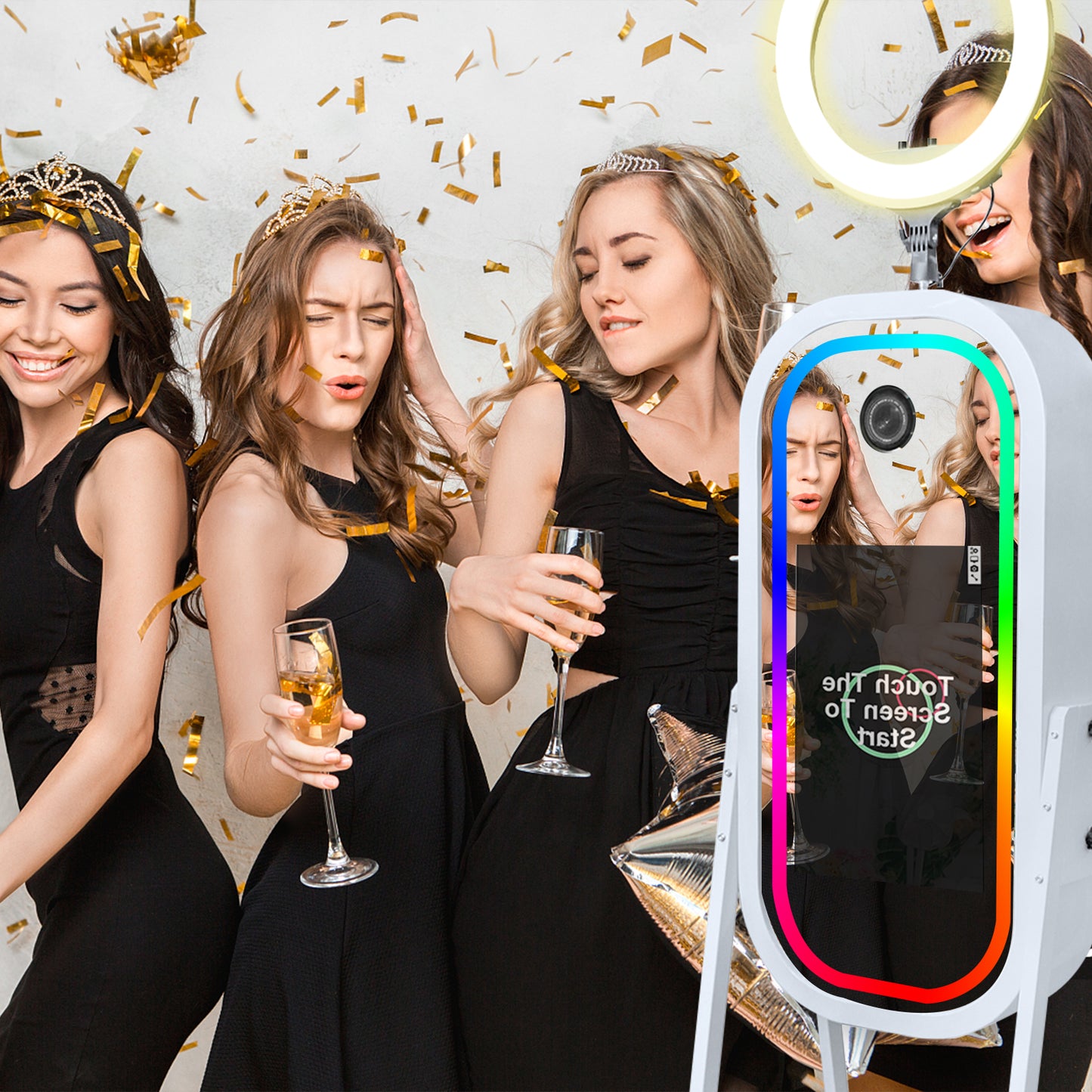 Magic Mirror Photo Booth with 21.5" Touch Screen, Photobooth Machine Selfie Shell Stand with LED RGB Fill Light & Flight Case for Wedding Parties Events Rental