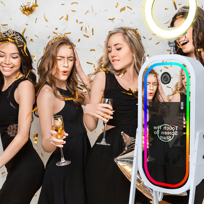 Magic Mirror Photo Booth with 21.5" Touch Screen, Photobooth Machine Selfie Shell Stand with LED RGB Fill Light & Flight Case for Wedding Parties Events Rental