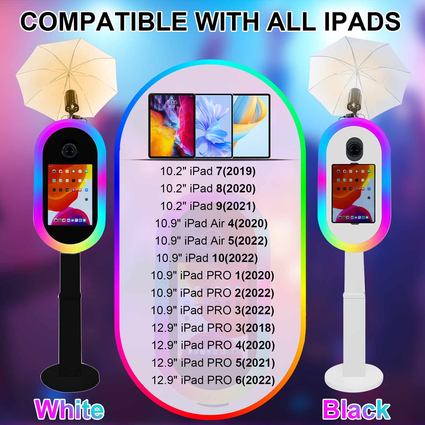 Portable Photo Booth for iPad 10.2in 10.9in 11in 12.9in Selfie Photobooth Stand Shell Machine with Light Ring Software Remote Control Music Sync for Parties Christmas