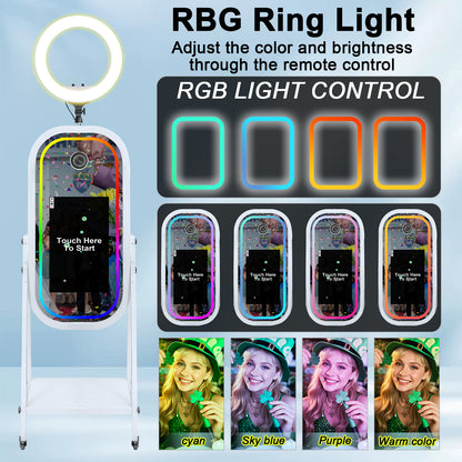 Magic Mirror Photo Booth with 21.5" Touch Screen, Photobooth Machine Selfie Shell Stand with LED RGB Fill Light & Flight Case for Wedding Parties Events Rental