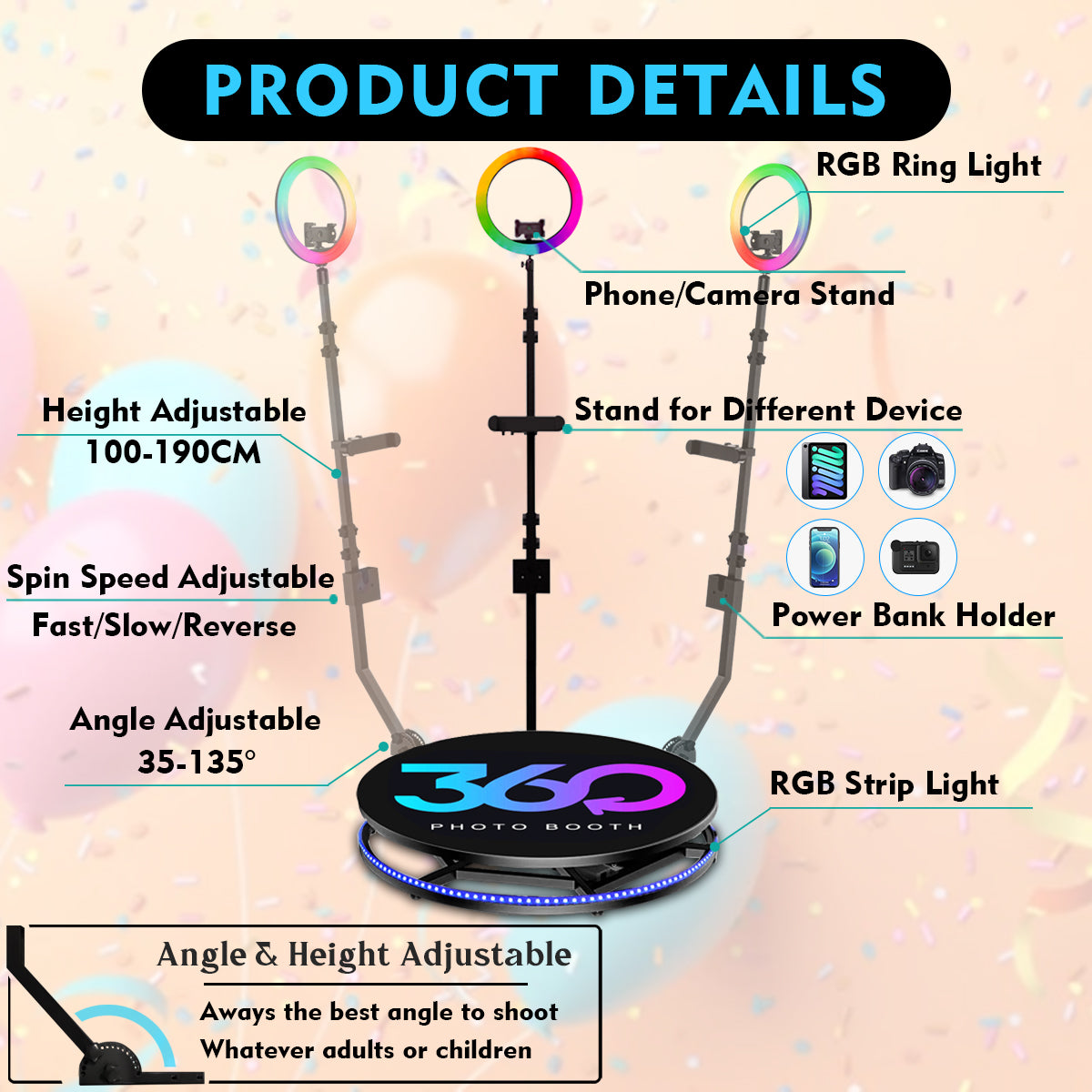 360 Photo Booth Machine Automatic Spin 360 Video Camera Booth with Rotating Selfie Light for Christmas Wedding Birthday Events Party