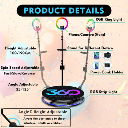 360 Photo Booth Machine Automatic Spin 360 Video Camera Booth with Rotating Selfie Light for Christmas Wedding Birthday Events Party
