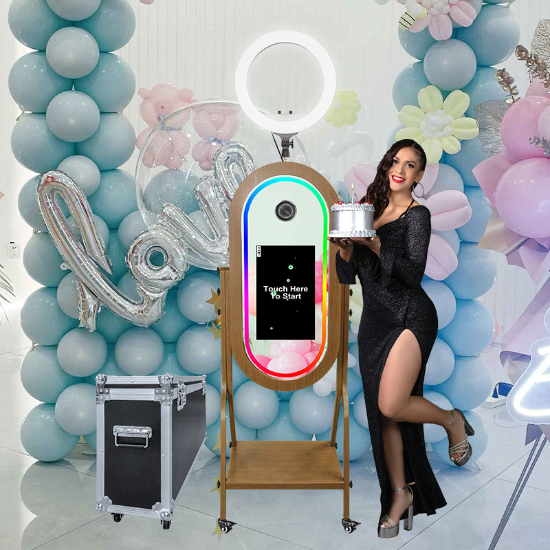 Imitation Wood Grain Magic Mirror Photo Booth with 21.5 Touch Screen Camera Printer Digital Oval Vintage Selfie Wooden Mirror Photo Booth