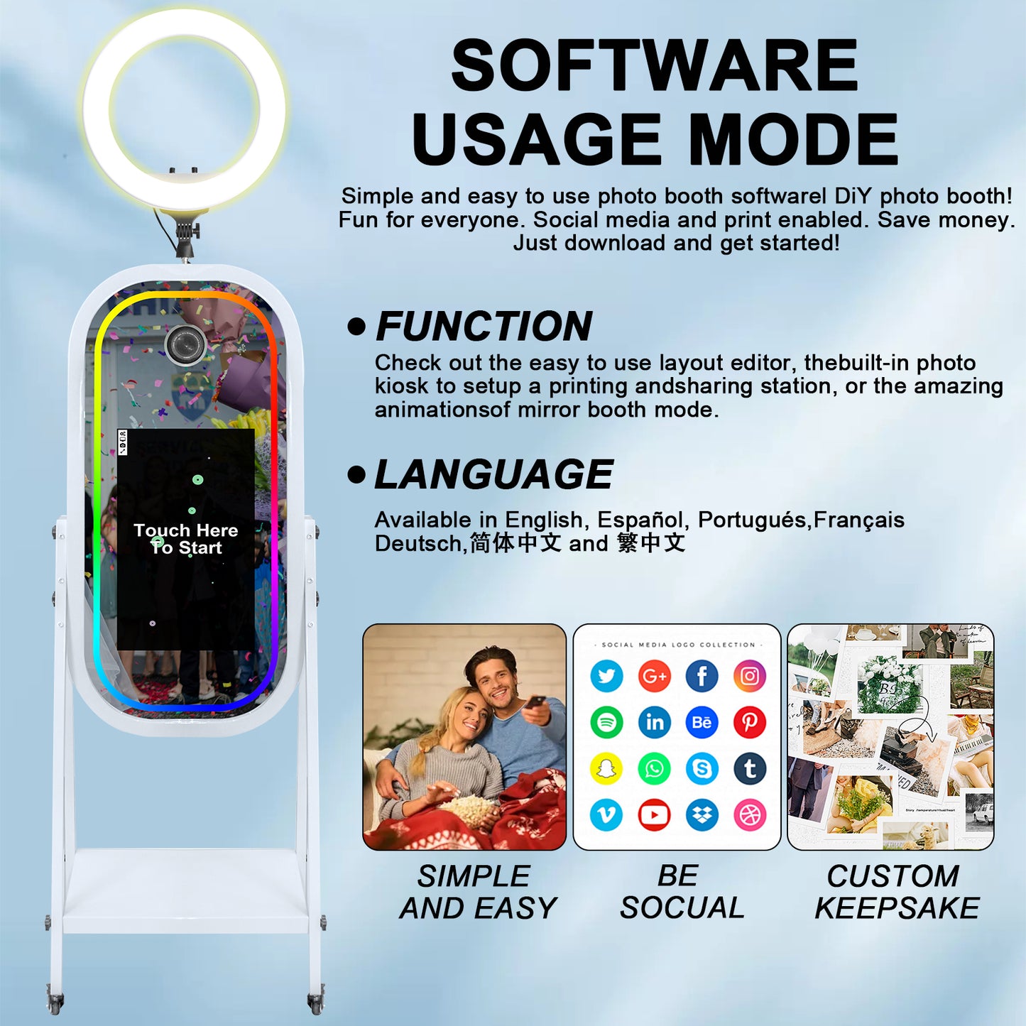 Magic Mirror Photo Booth with 21.5" Touch Screen, Photobooth Machine Selfie Shell Stand with LED RGB Fill Light & Flight Case for Wedding Parties Events Rental