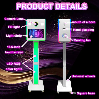 15.6 Inch Dual Touch Screen DSLR Photo Booth Built-in 2 Set Mini PC, Portable Photobooth Machine with Flight Case and RGB Light for Event