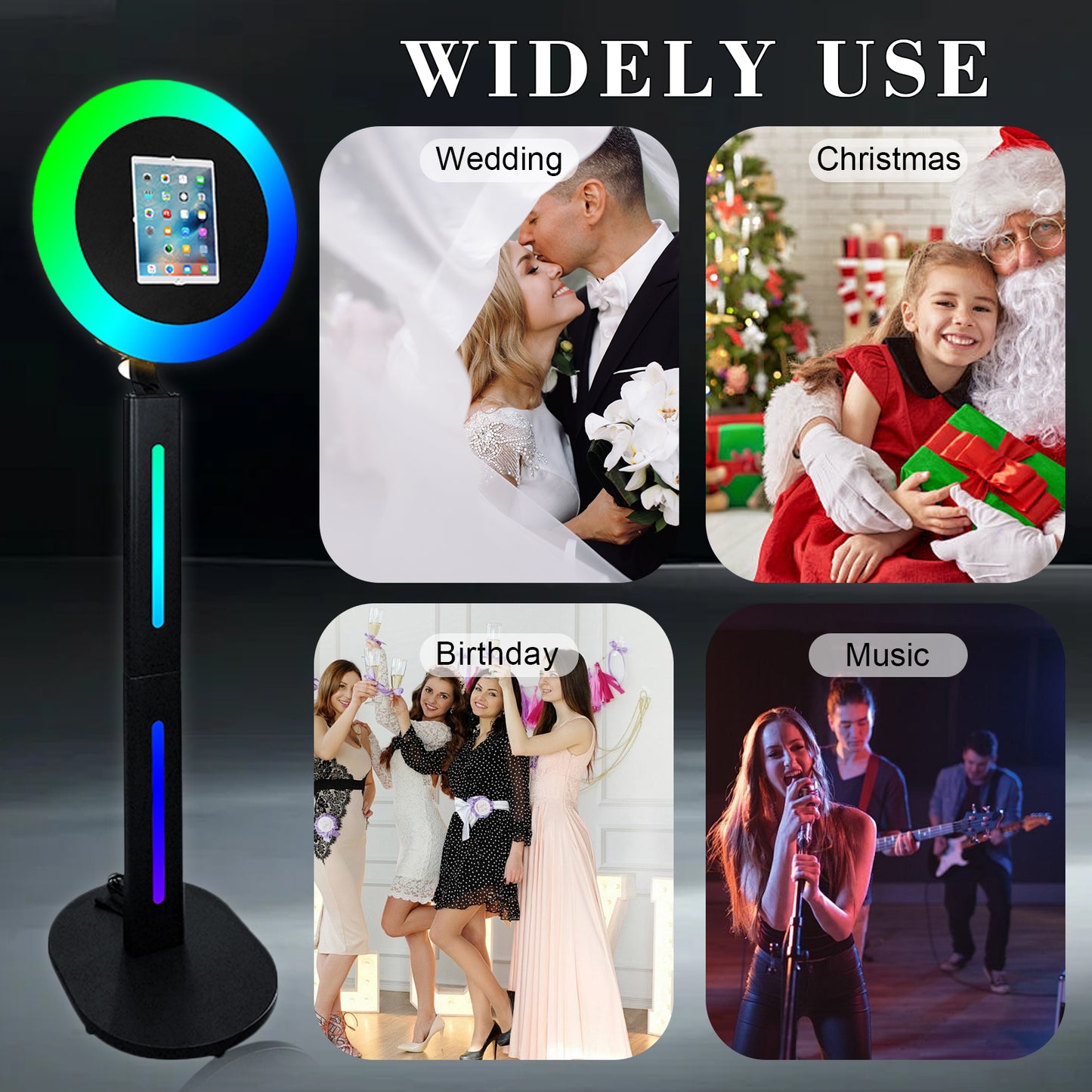 Photo Booth Compatible with iPad 10.2"-13", with Music Synced Light & Flight Case, Selfie Photo Booth Photo Booth Machine for Rental Wedding Events Graduation (Black, Photo Booth + Printer)