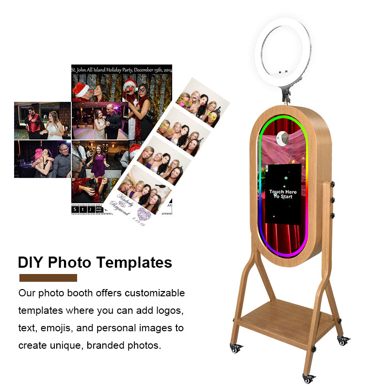 Imitation Wood Grain Magic Mirror Photo Booth with 21.5 Touch Screen Camera Printer Digital Oval Vintage Selfie Wooden Mirror Photo Booth