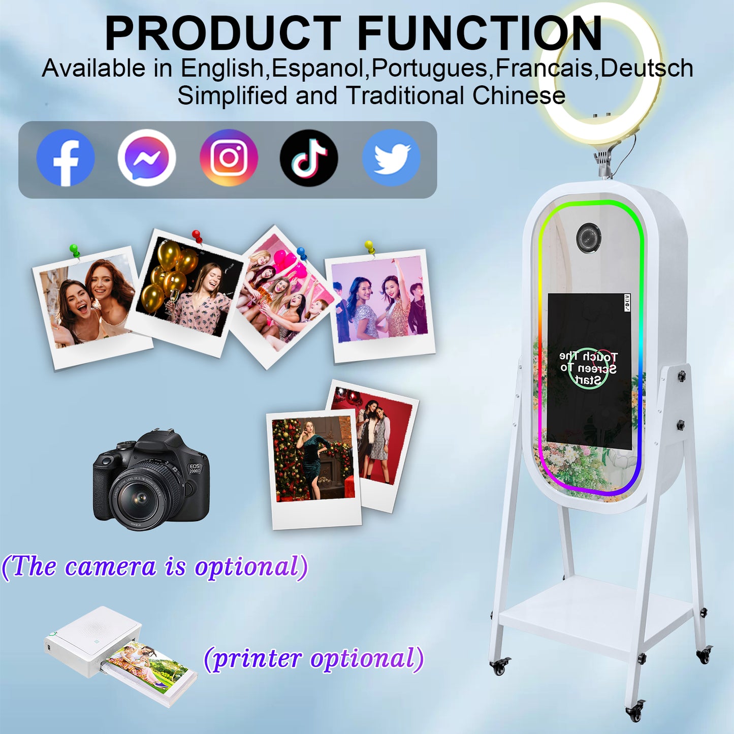 Magic Mirror Photo Booth with 21.5" Touch Screen, Photobooth Machine Selfie Shell Stand with LED RGB Fill Light & Flight Case for Wedding Parties Events Rental
