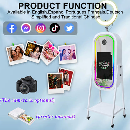 Magic Mirror Photo Booth with 21.5" Touch Screen, Photobooth Machine Selfie Shell Stand with LED RGB Fill Light & Flight Case for Wedding Parties Events Rental