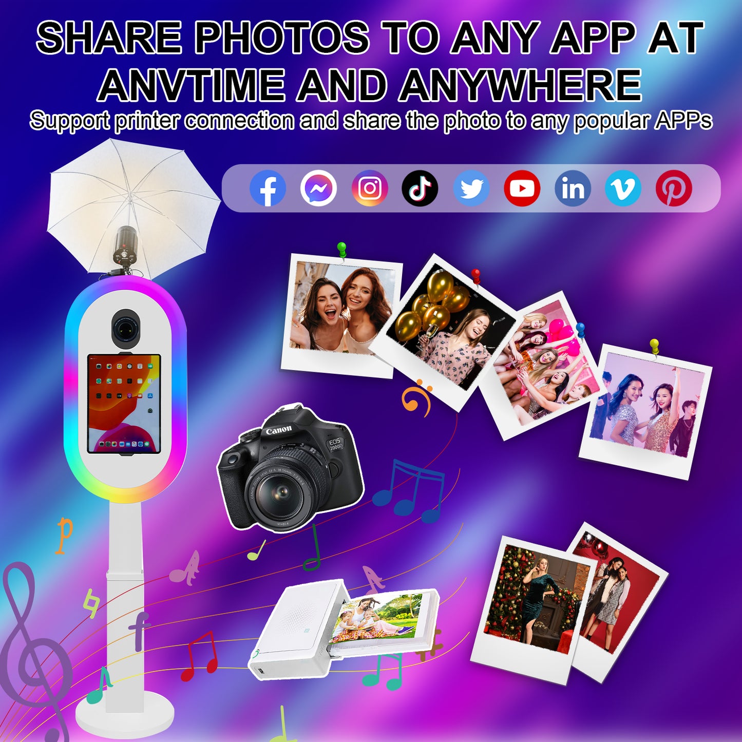 Portable Photo Booth for iPad 10.2in 10.9in 11in 12.9in Selfie Photobooth Stand Shell Machine with Light Ring Software Remote Control Music Sync for Parties Christmas