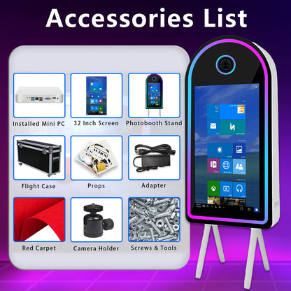 Mirror Photo Booth with 32" Touchscreen Portable DSLR Photo Booth Selfie Booth Includes RGB Light & Flight Case for Wedding Parties Events