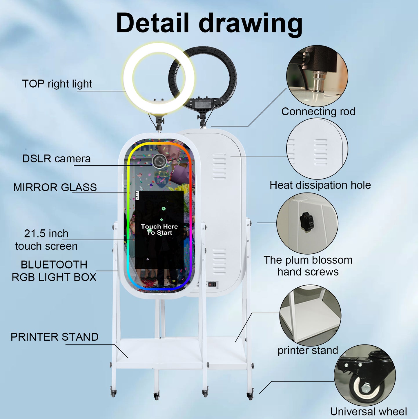 Magic Mirror Photo Booth with 21.5" Touch Screen, Photobooth Machine Selfie Shell Stand with LED RGB Fill Light & Flight Case for Wedding Parties Events Rental