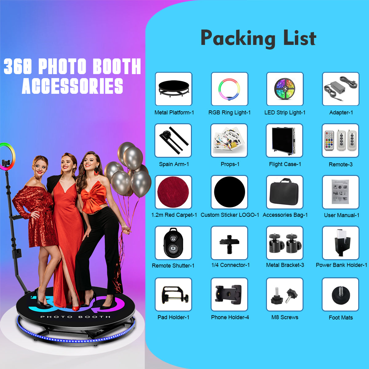 360 Photo Booth Machine Automatic Spin 360 Video Camera Booth with Rotating Selfie Light for Christmas Wedding Birthday Events Party