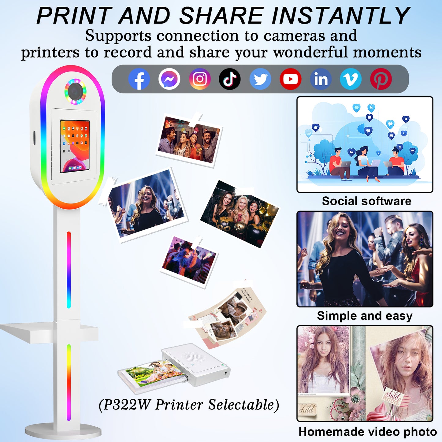 Photo Booth Machine for iPad 10.2" 10.9" 11" 12.9" and Camera,2-in-1 Selfie Station Shell Stand Camera Photobooth,App Control RGB Fill Light,Flight Case,for Parties