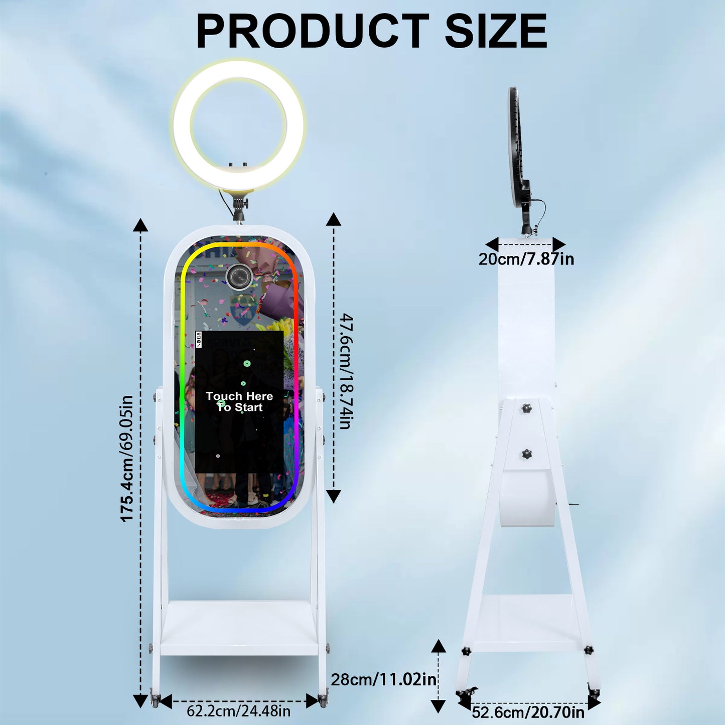 Magic Mirror Photo Booth with 21.5" Touch Screen, Photobooth Machine Selfie Shell Stand with LED RGB Fill Light & Flight Case for Wedding Parties Events Rental