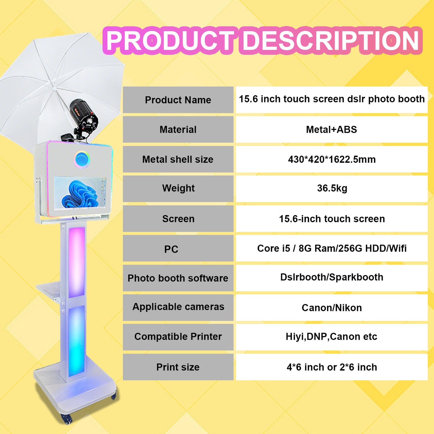 The Hot Popular Dslr Photo Booth Machine with 15.6inch Touch Screen and Umbrella and flash for Party Wedding