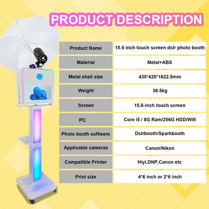 The Hot Popular Dslr Photo Booth Machine with 15.6inch Touch Screen and Umbrella and flash for Party Wedding