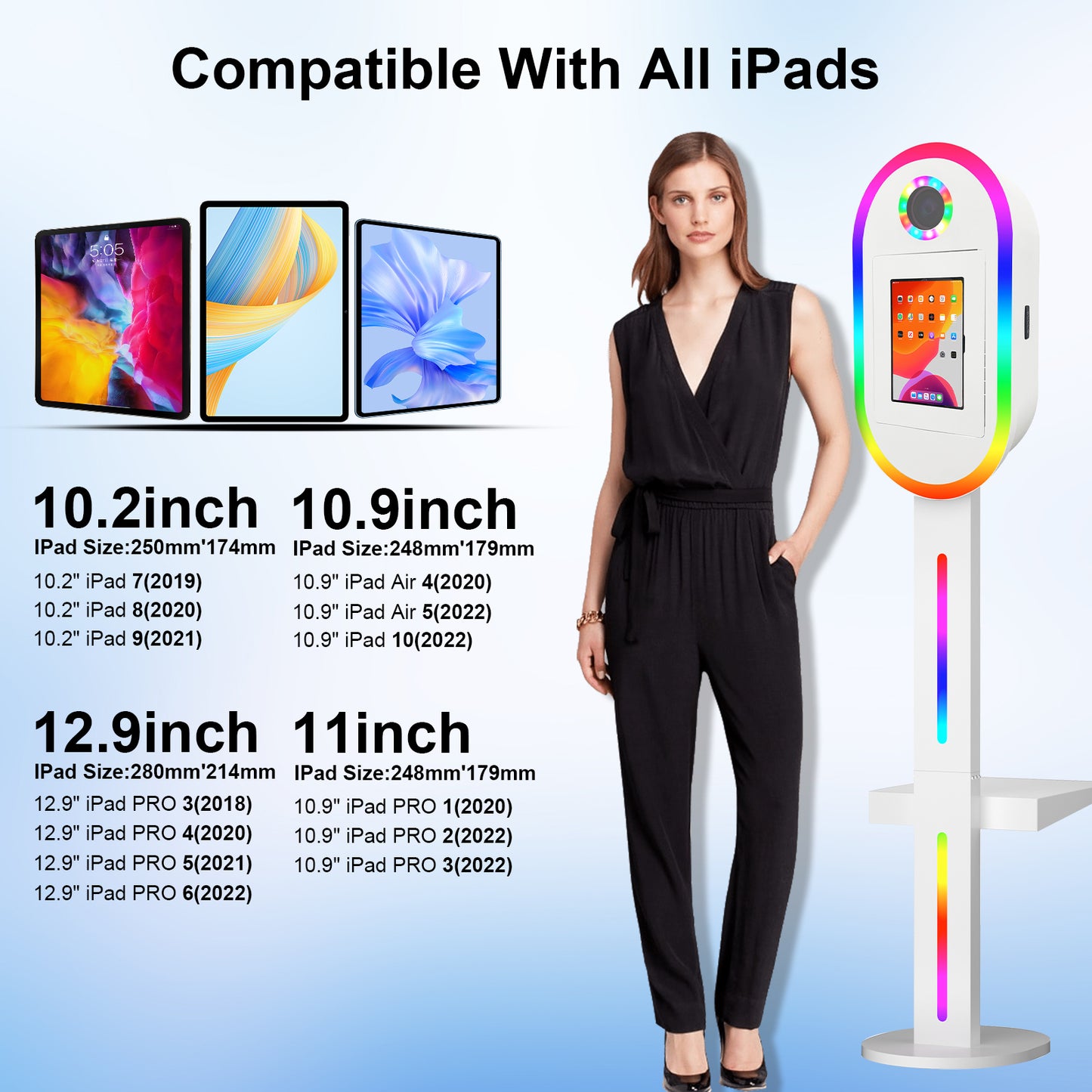 Photo Booth Machine for iPad 10.2" 10.9" 11" 12.9" and Camera,2-in-1 Selfie Station Shell Stand Camera Photobooth,App Control RGB Fill Light,Flight Case,for Parties