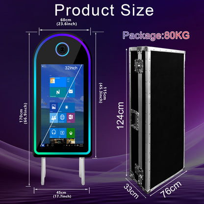 Mirror Photo Booth with 32" Touchscreen Portable DSLR Photo Booth Selfie Booth Includes RGB Light & Flight Case for Wedding Parties Events