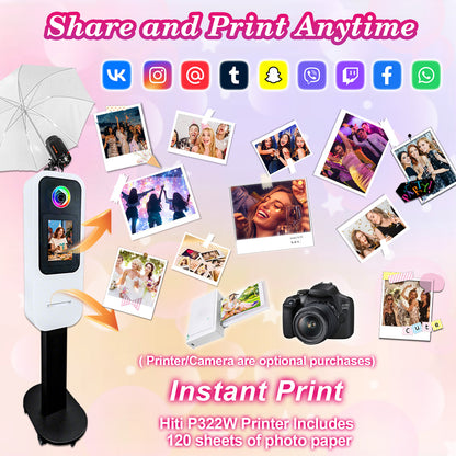 Portable Photo Booth Built-in printer stand Compatible with iPad 10.2" 10.5" 10.9" 11" 12.9" 13", Metal Shell Selfie Station photobooth Machine,RGB Ring Light,for Parties Wedding Rental