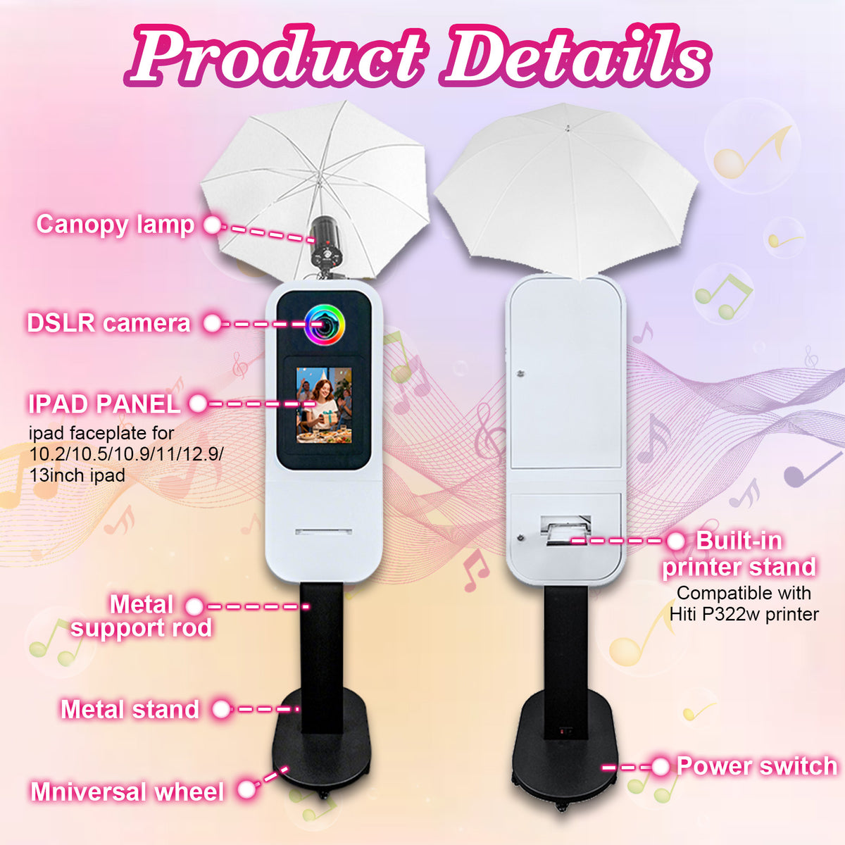 Portable Photo Booth Built-in printer stand Compatible with iPad 10.2" 10.5" 10.9" 11" 12.9" 13", Metal Shell Selfie Station photobooth Machine,RGB Ring Light,for Parties Wedding Rental