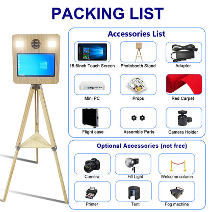 Wooden Mirror Photo Booth with Printer and DSLR Camera Portable Photo Booth 15.6 inch Touch Screen Selfie Photobooth Machine RGB Lights for Wedding Party Events Rental Christmas