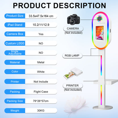 Photo Booth Machine for iPad 10.2" 10.9" 11" 12.9" and Camera,2-in-1 Selfie Station Shell Stand Camera Photobooth,App Control RGB Fill Light,Flight Case,for Parties