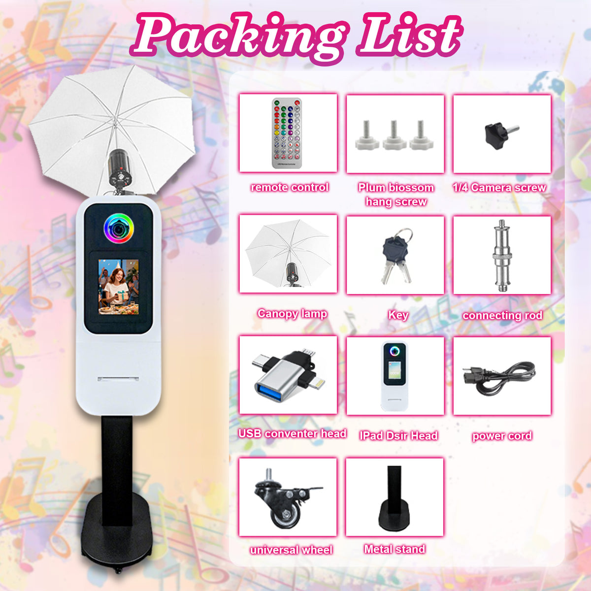 Portable Photo Booth Built-in printer stand Compatible with iPad 10.2" 10.5" 10.9" 11" 12.9" 13", Metal Shell Selfie Station photobooth Machine,RGB Ring Light,for Parties Wedding Rental