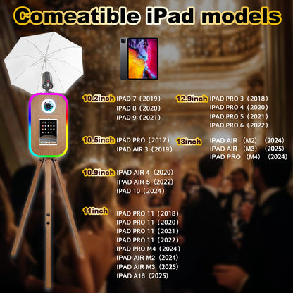 Photo Booth Machine for iPad 10.2" 10.9" 11" 12.9" and Camera,2-in-1 Selfie Station Shell Stand Camera Photobooth,App Control RGB Fill Light,Flight Case,for Parties