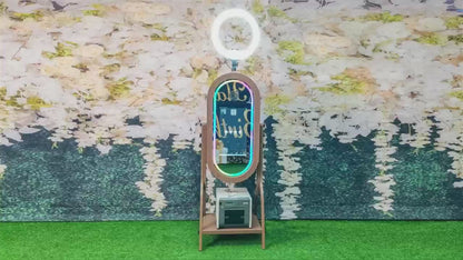 Imitation Wood Grain Magic Mirror Photo Booth with 21.5 Touch Screen Camera Printer Digital Oval Vintage Selfie Wooden Mirror Photo Booth